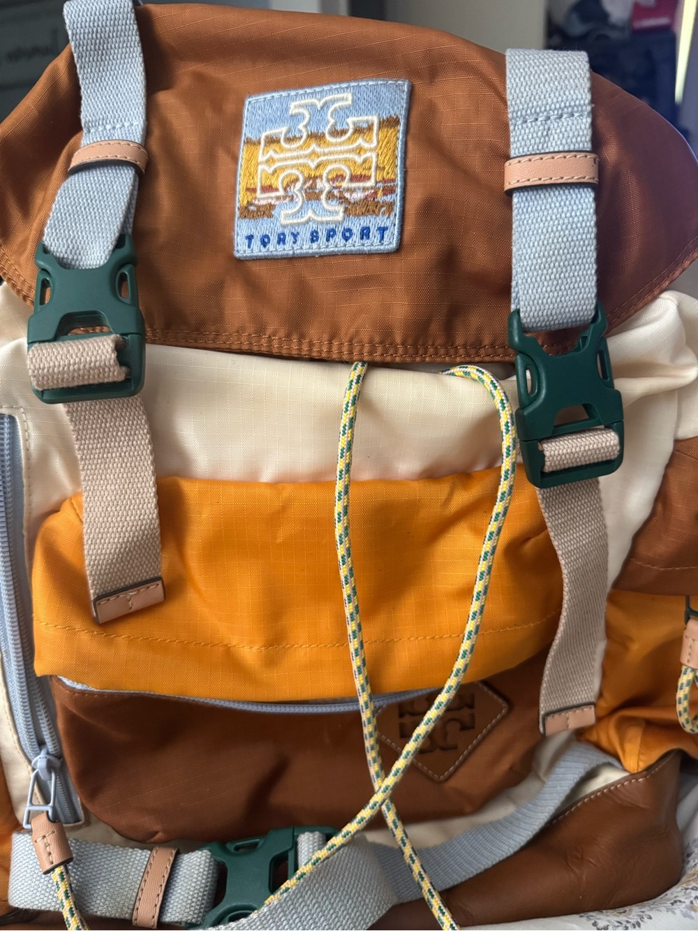 Tory Sport Colorblock Drawstring Backpack in Brown, Mustard & Cream